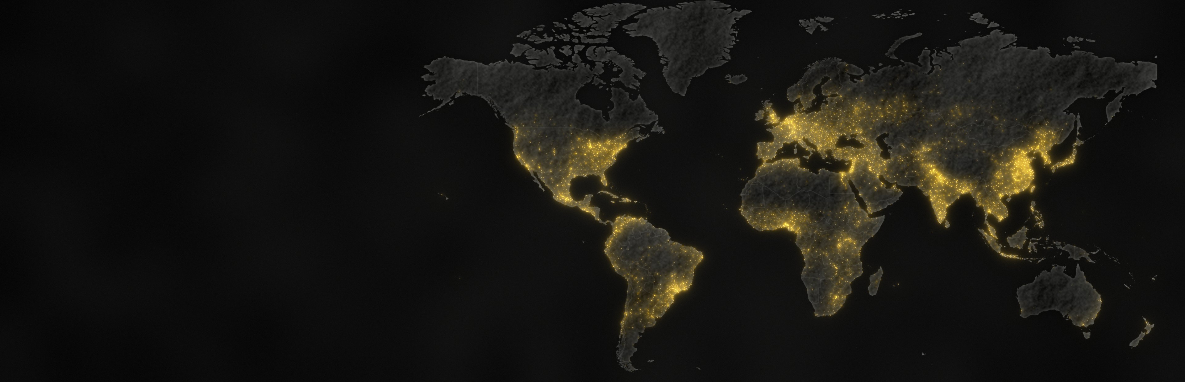 World map in greys with golden points of light marking commercial hubs
